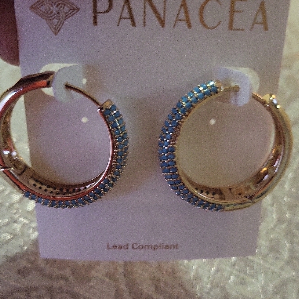 Panacea Cache Gold and Blue Textured Hoop Earrings - Picture 3 of 3